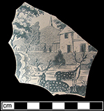 Plate fragment printed in blue with pastoral motif.  This sherd is biscuit fired and shows the detail of the engraving quite clearly - Collected by George L. Miller in 1986 in Hanley.  Cannot be attributed to a specific pottery.